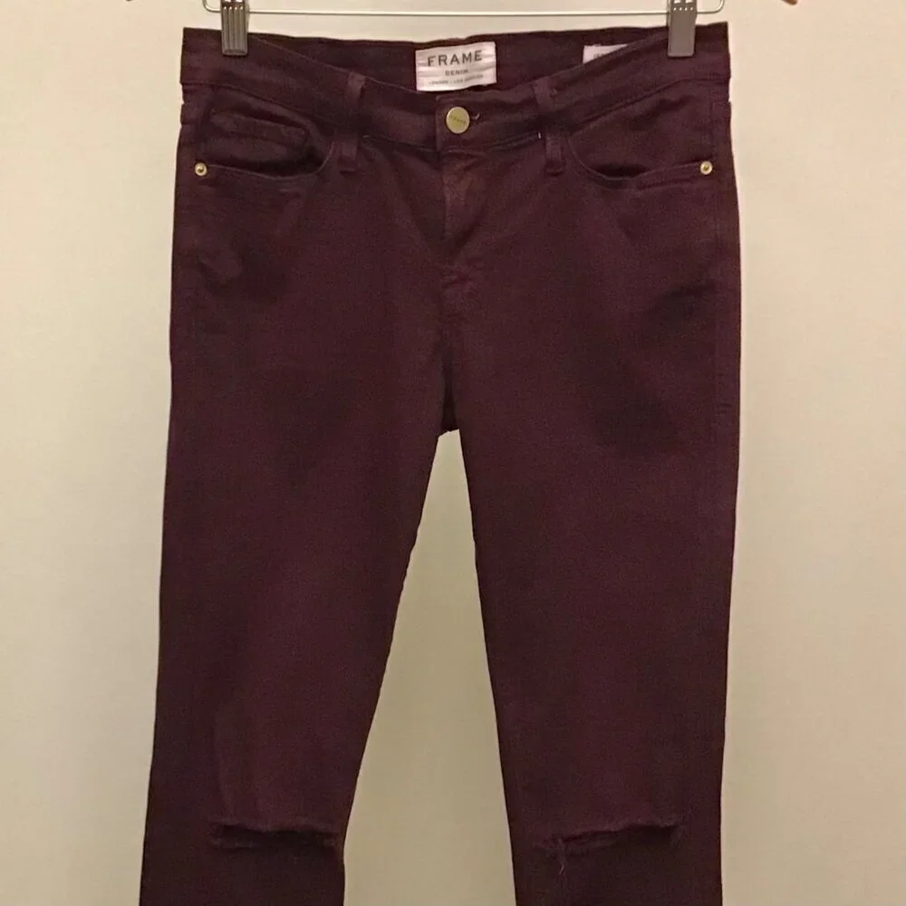 Frame 28 Le Skinny De Jeanne Mahogany Rips Women’s Skinny Burgundy Jeans Distres